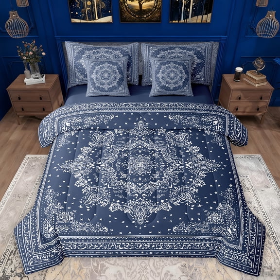 Manfei Boho Exotic Style 7-Piece Twin Bedding Sets,Retro Victorian Floral Bedding Comforter Set,White Blue Sheet Sets For Adults,Microfiber Bedroom Decor Reversible