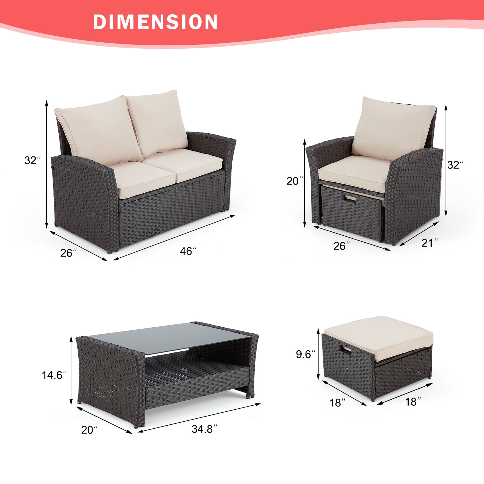 6 Pieces Patio Furniture Set, Outdoor Sectional Conversation Rattan Sofa Set with Ottoman and Outdoor Storage Table for Garden, Porch, Backyard (Kahki）