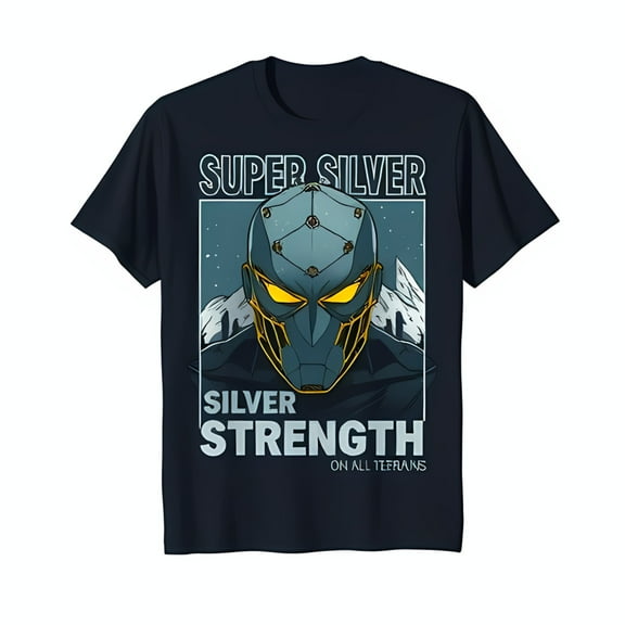 Super Silver Graphic T-Shirt Blue Tee with Hero Design Mountains & Starry Sky