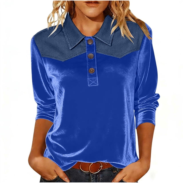TaTaai Ladies Gold Velvet Denim Spliced Slim Fit Top Three Quarter Sleeve Pullover Blouse Soft Warm Casual Fashion Top For Women Daily Office Holiday Outfits Gift