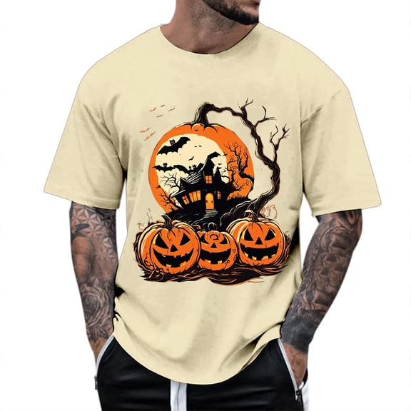 Bibifish Mens T-Shirts Crew Neck Jack O Lantern Print Tshirts Fall Halloween Short Sleeve Casual Tee Tops