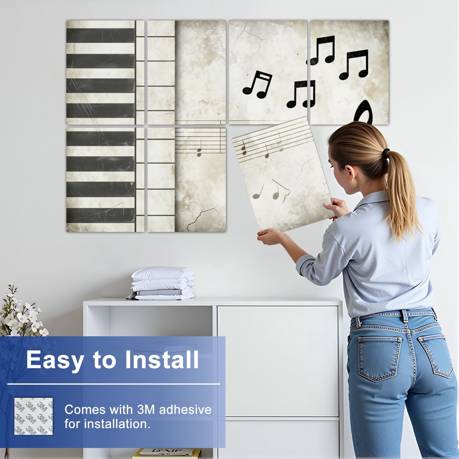 Musical 8 Pack Art Acoustic Panels Sound Absorbing Vintage Music Piano Keys Treble Clef Floating Musical Decorative Soundproof Wall Panels Self Adhesive for Nursery Game Room Music Classroom 48"x32"