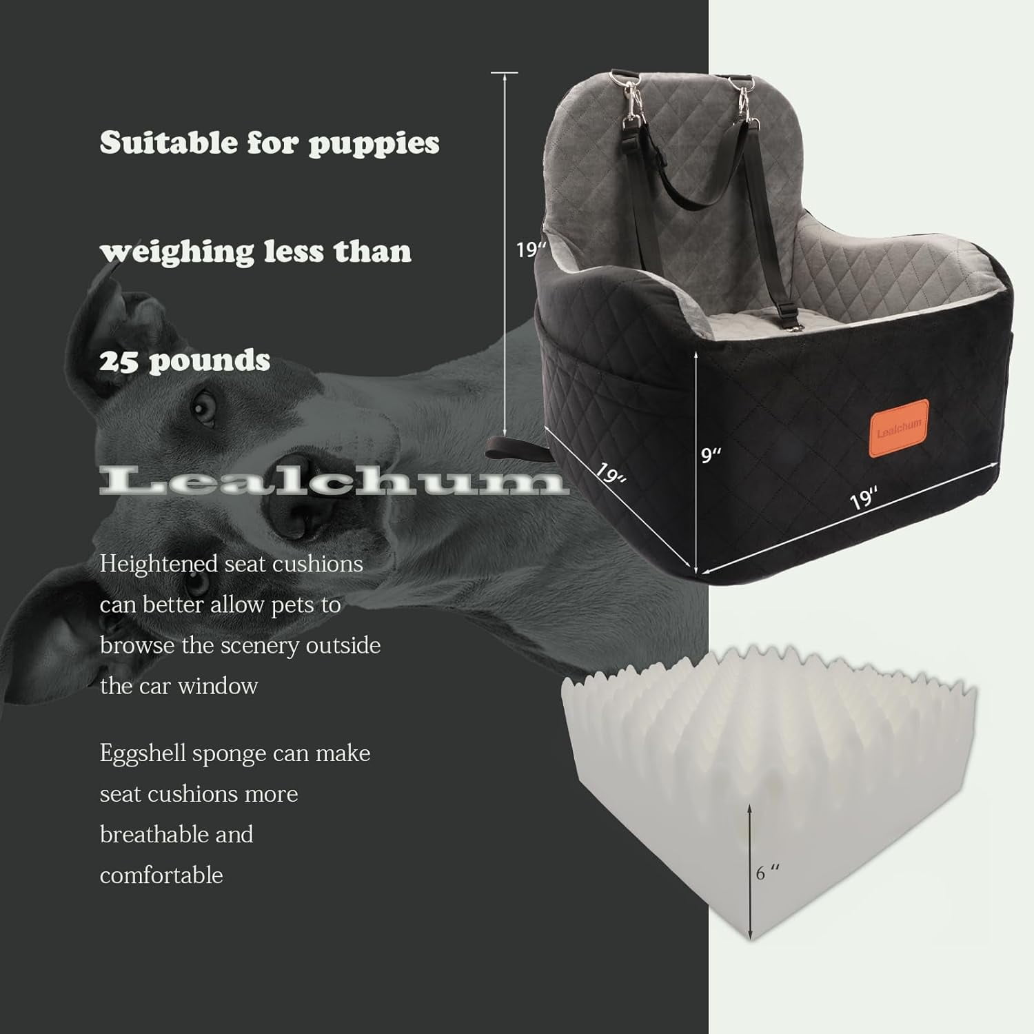 Dog Booster Car Seat for Small/Medium Dogs,Memory Foam Elevated Cushion Car Seat for Dogs,Fully Detachable and Washable Pet Portable Car Seat With 2 Clip-On Safety Leashes(Black/Grey)