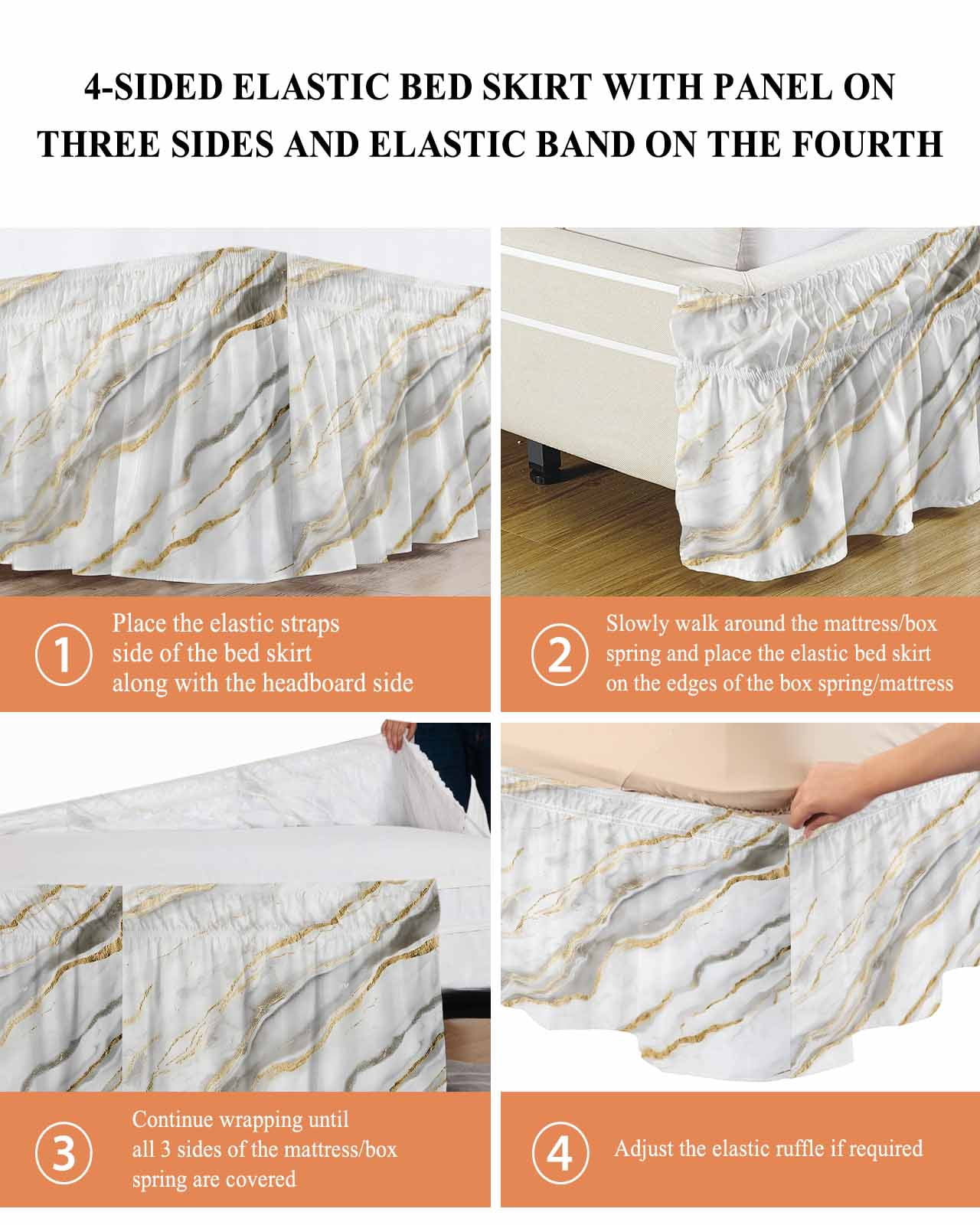 White Marble Wrap Around Bed Skirts for Queen Bed 16" Drop, Bed Skirt with Adjustable Elastic Belt Dust Ruffle Bed Valance for Bedroom Hotel Luxury Abstract Modern Yellow Crack Art Bed Frame Cover
