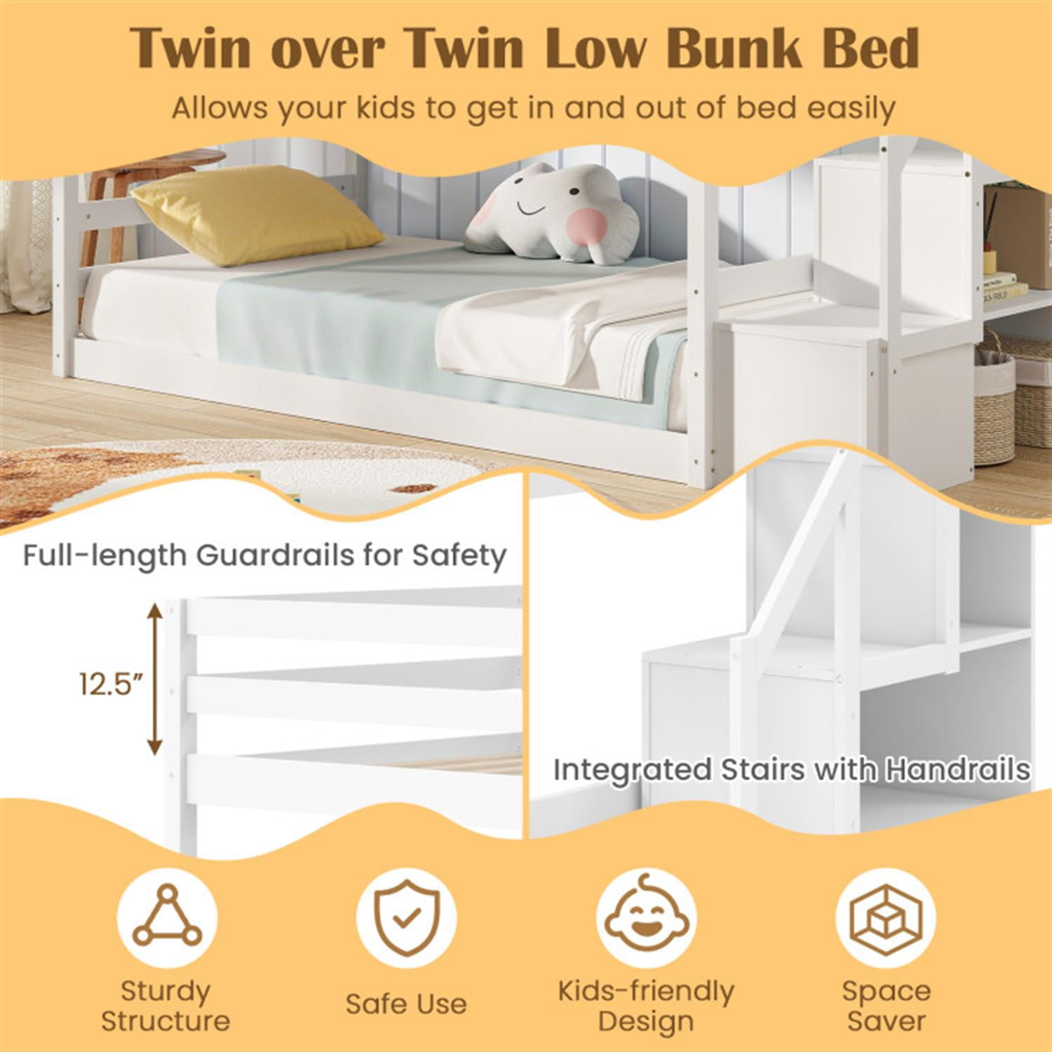 Demi Bonn Twin Over Twin Low Bunk Bed with Storage Stairs, Solid Wood Floor Bunkbeds Frame for Bedroom, No Box Spring Needed, White