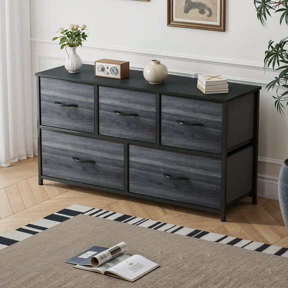 Uforic 5-Drawer Fabric Dresser for Adults & Teens, Storage Tower with Steel Frame & Wood Top, Black