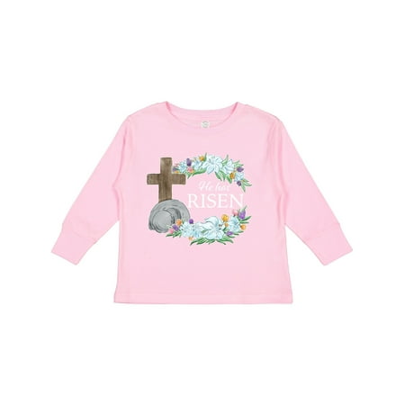 

Inktastic Easter He Has Risen with Cross and Flowers Boys or Girls Long Sleeve Toddler T-Shirt