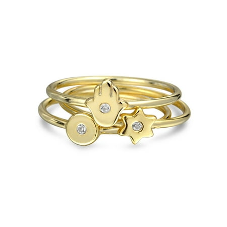 3 Set Minimalist CZ 14K Gold Plated Sterling Silver Midi Knuckle Stackable Disc Star Hamsa Hand Ring 1MM Band For Teen