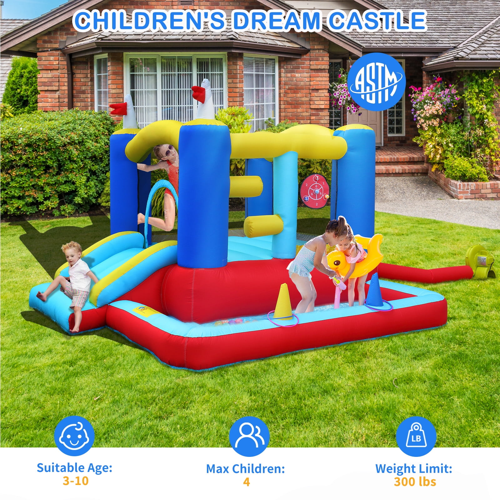 Ktaxon Inflatable Bounce House with Blower for Kids 3+, Indoor & Outdoor Bouncy Castle with Slide, Perfect for Birthday Parties, Backyard, Lawn