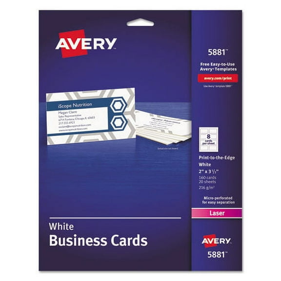 Print-To-The-Edge Microperf Business Cards W/sure Feed Technology, Color Laser, 2x3.5, White, 160 Cards, 8/sheet,20 Sheets/pk | Bundle of 2 Packs