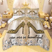 jejeloiu Girls High Heels Twin Comforter Sets,Chic Leopard Print Bedding Set For Women Reversible 2 Pieces