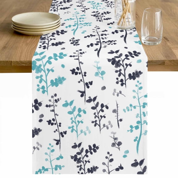 Aqua Grey Botanical Table Runner - 72 Inch Long Watercolor Spring Floral Summer Leaf Cotton and Linen Blended Dress Scarves Farmhouse Table Runner for Kitchen Dining, Coffee Table, 13" x 72"
