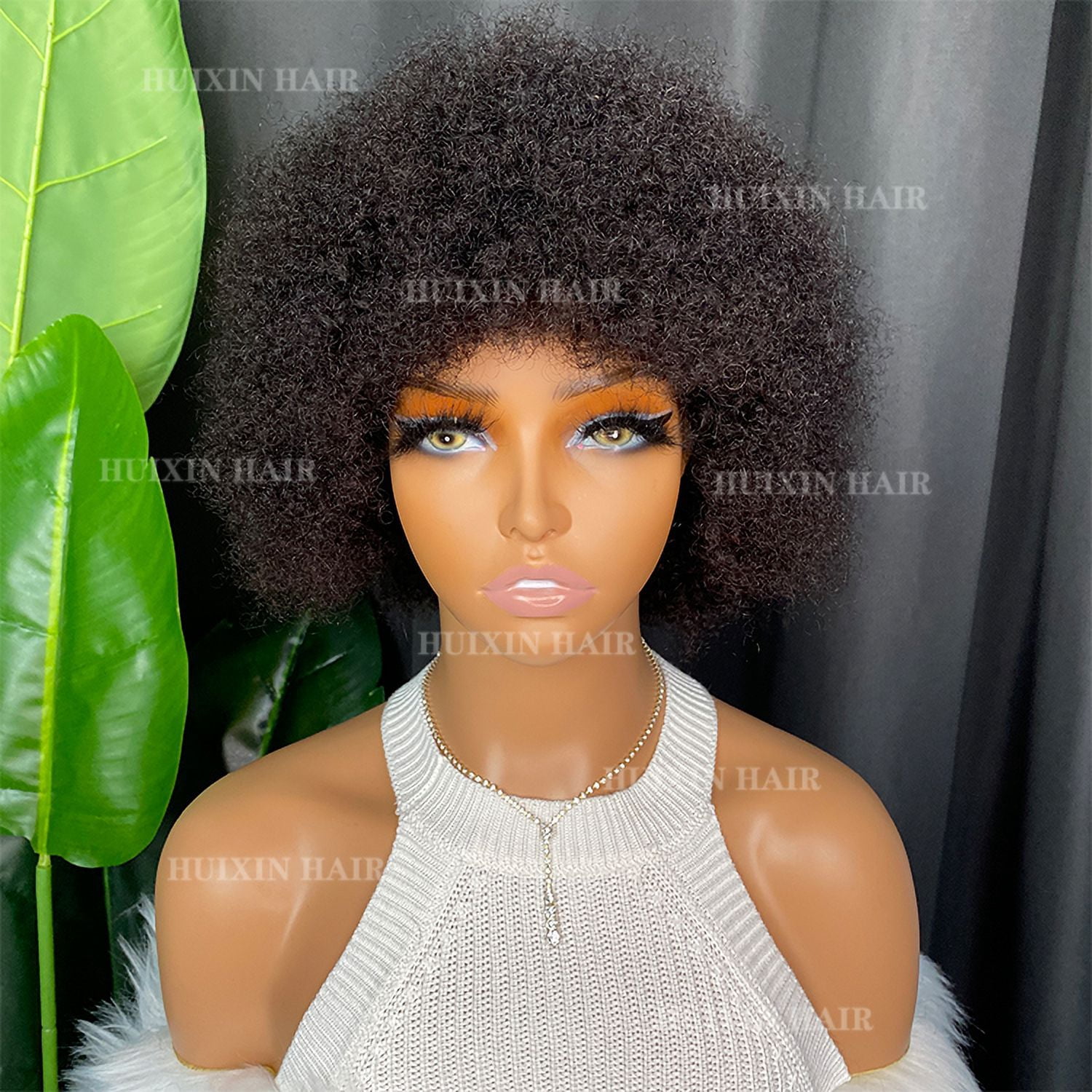 Vendor kinky curly human hair regular bang wig short inch wig P150