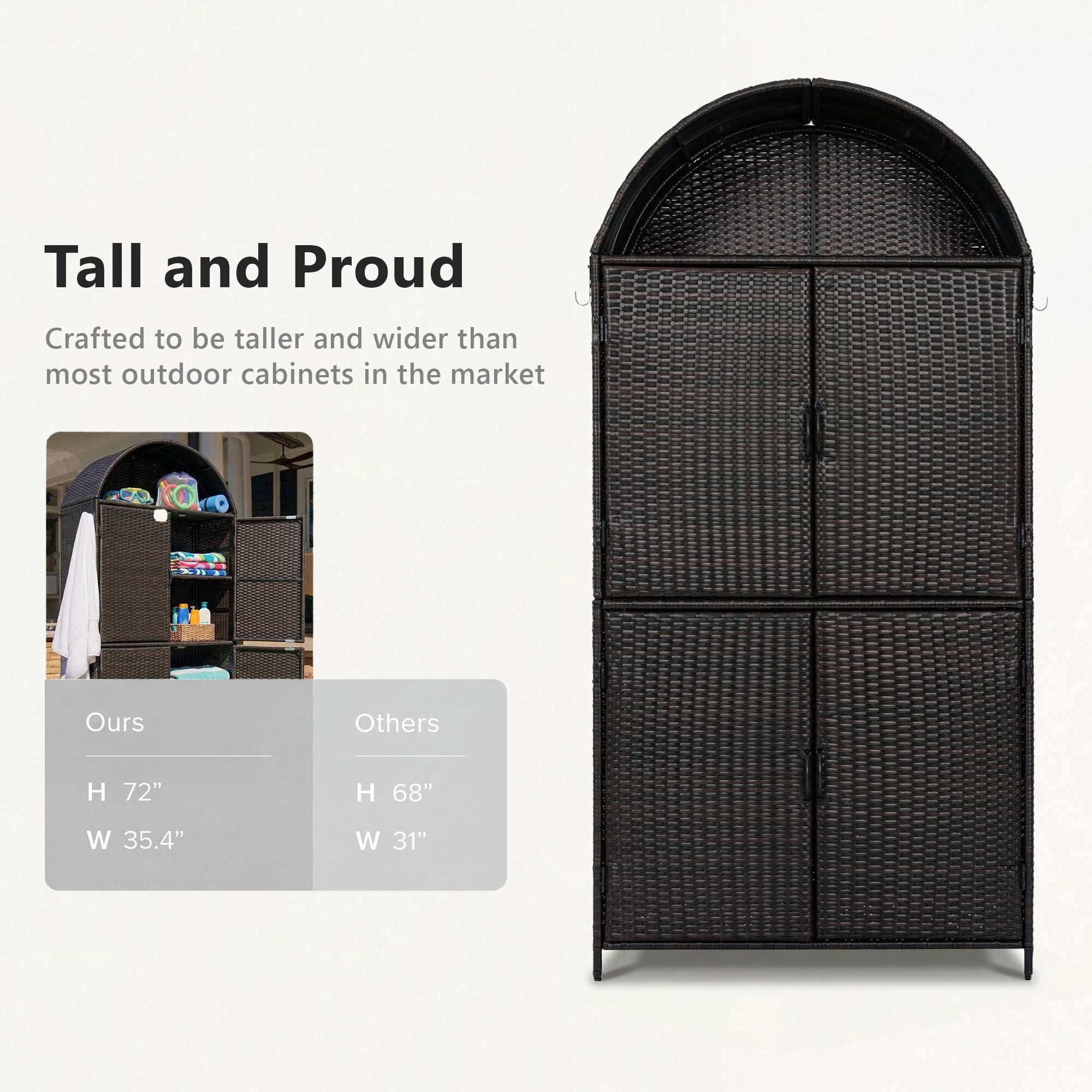 AENKYO 72" Arched Wicker Outdoor Storage Cabinet, Vertical Poolside Towel Holder & Rattan Garden Shed, Black & Brown