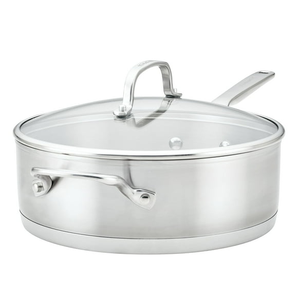 KitchenAid 3-Ply Base Inox Profond Saut Casserole avec Poignée d'Aide et Couvercle, 4.5-Quart, Acier Inoxydable Brossé