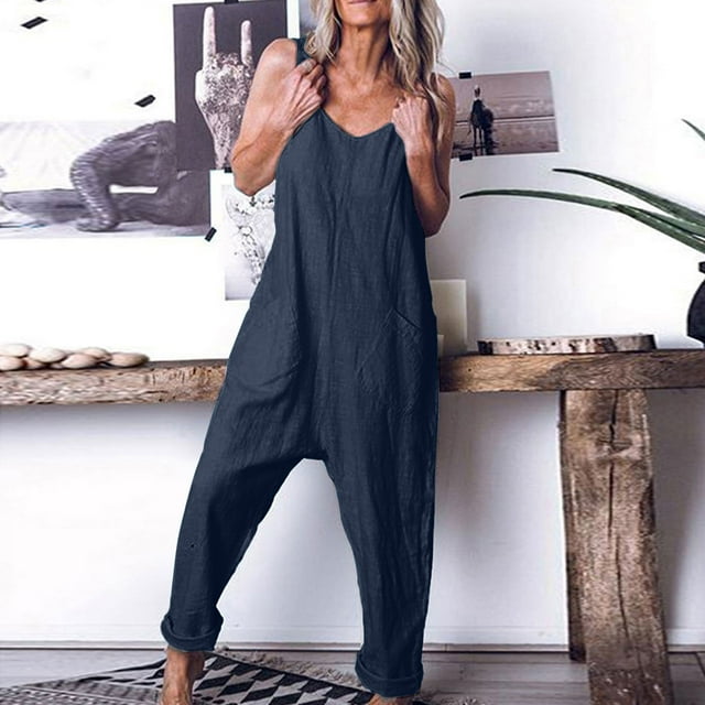 Fankiway Combinaison Décontractée Ample pour Femmes avec Poches Mode Combinaison Pantalons en Coton et Lin Combinaison Pantalons Larges pour Femmes en Solde