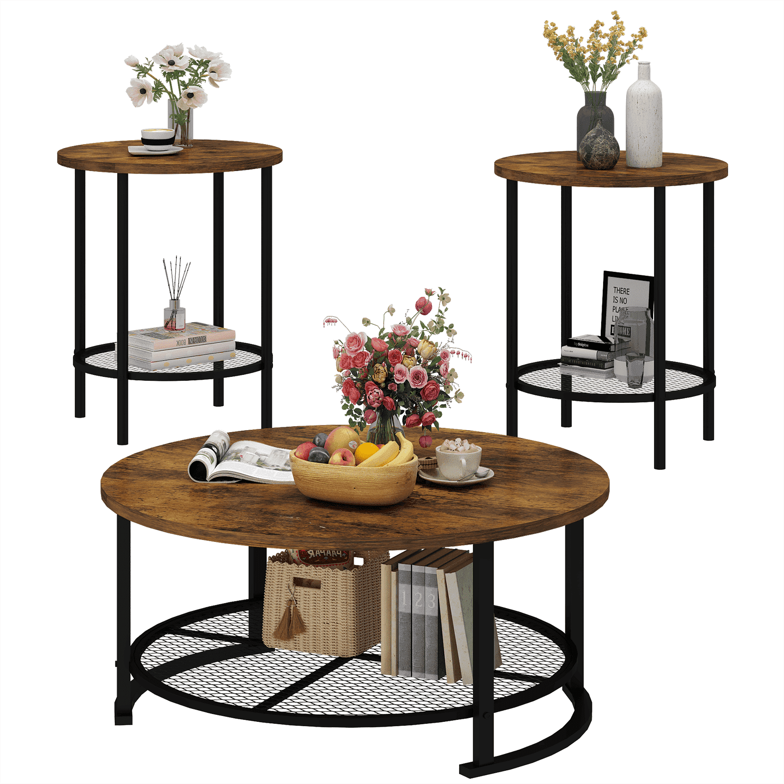 Baxluxe Round Coffee Table Set of 3, Wooden Living Room Center Table with 2 End Tables, Middle Table and Side Tables Set with Storage Shelves, 3 Pieces Tea Table Set for Home, Office, Brown