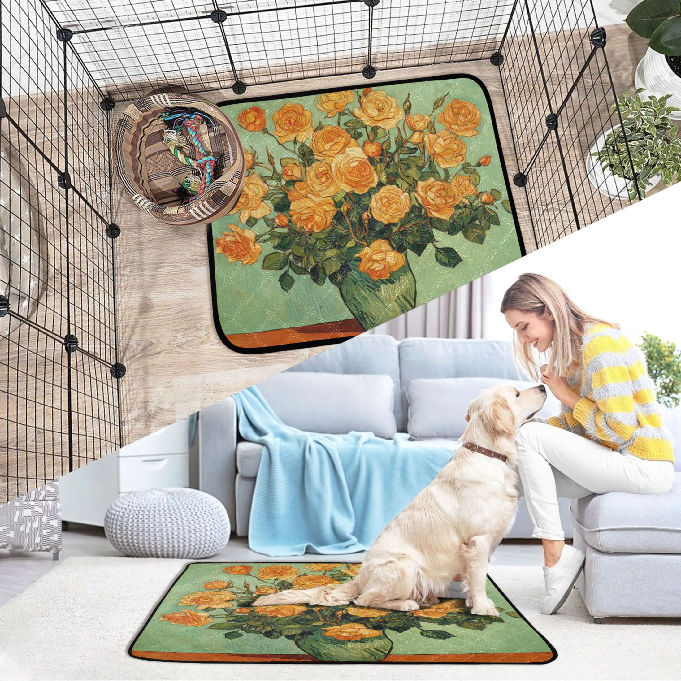 Qxltty Oil Painting Patterns for Yellow Rose Pots Cat litter Pads Pet Set of 3 Diaper Mats Center Anti-leakage Layer Absorbent Soft and Comfortable