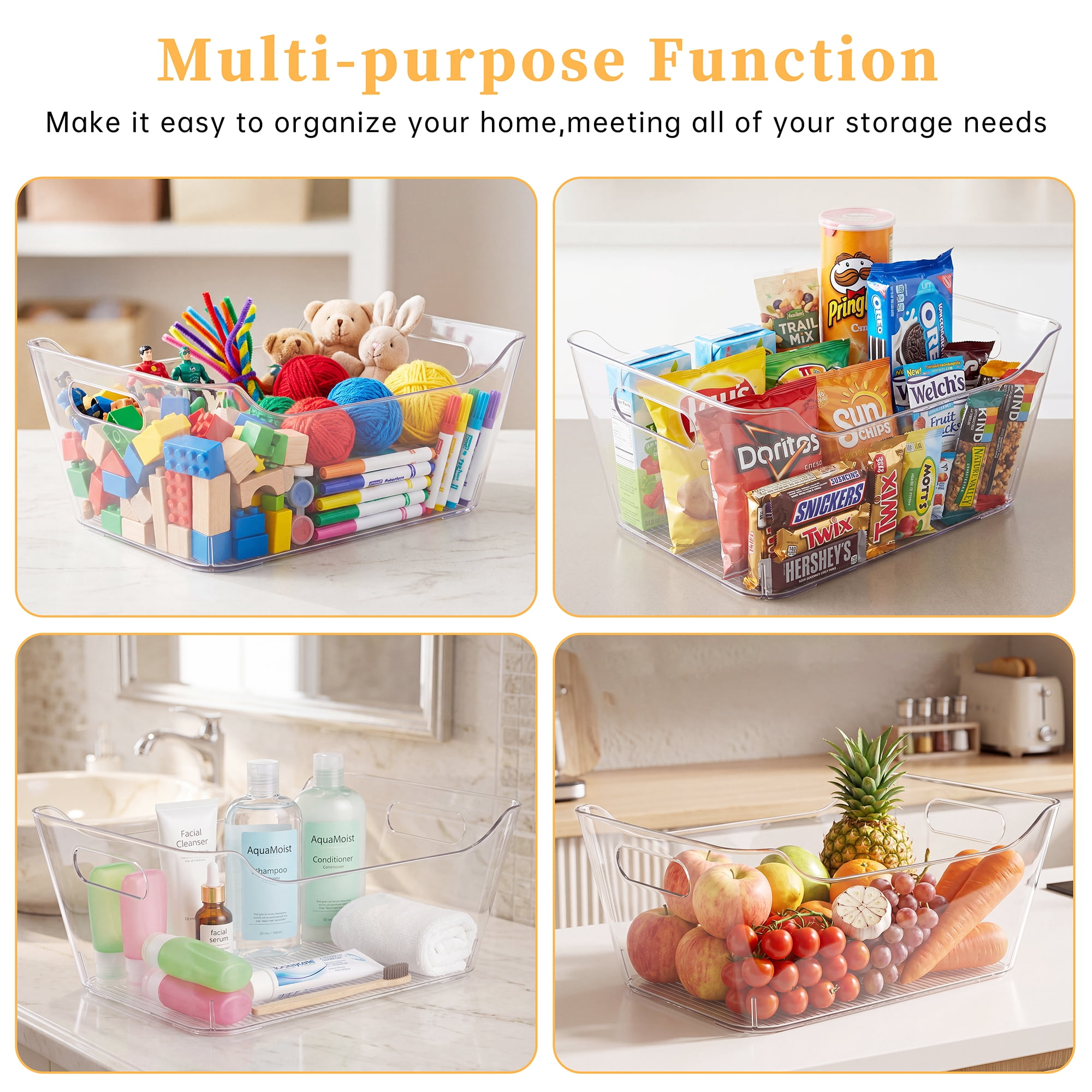 4 Pack Storage Organizer Bins, Large Plastic Cabinet Organizer with Handle, Clear  Storage Containers for Bathroom,Office,Kitchen,Fridge,Closet,Pantry (12"x 8.5"x 5.1")
