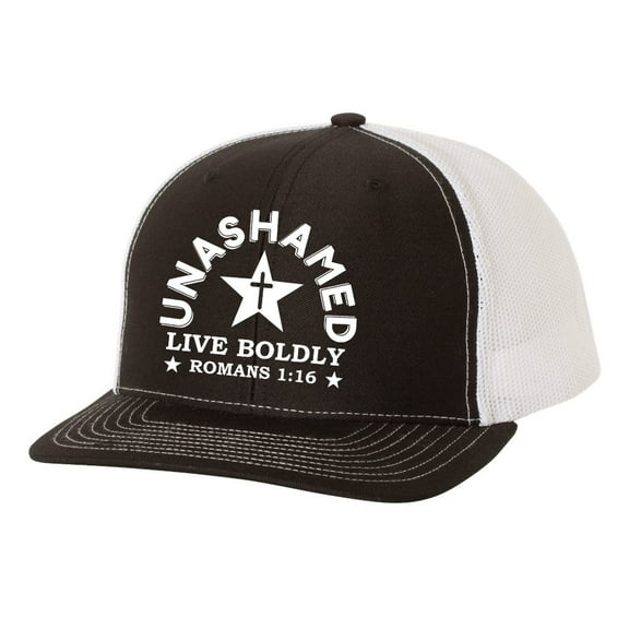 Christian Unashamed Live Boldly Romans 1:16 Mens Embroidered Mesh Back Trucker Hat, Black/White