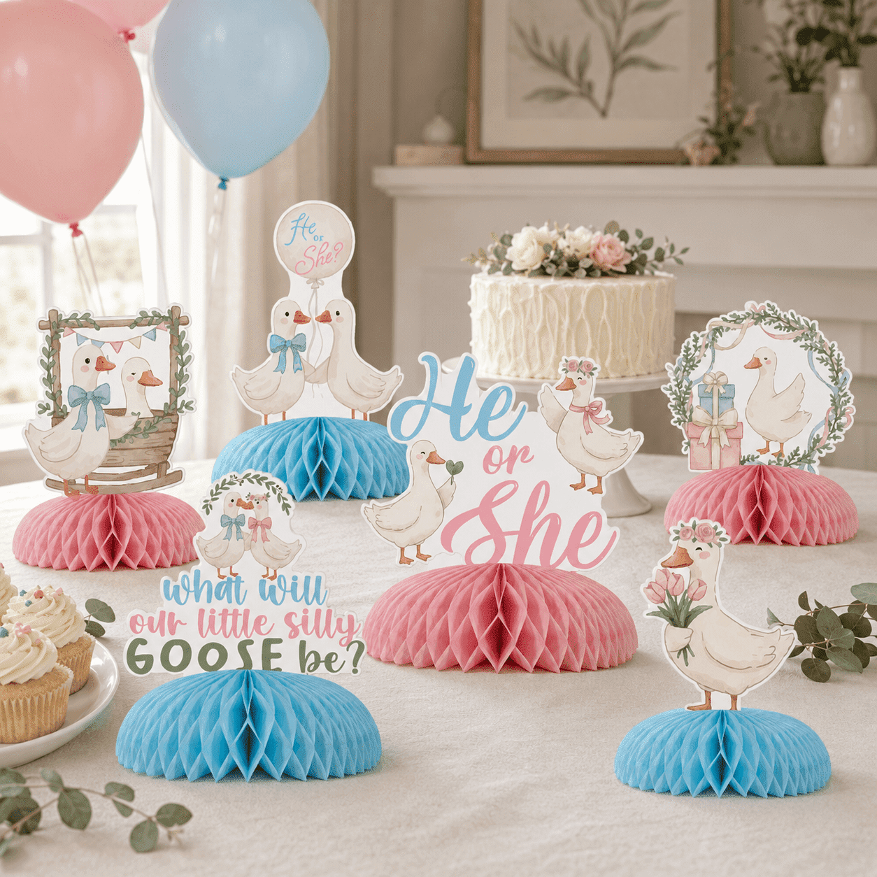 Cheereveal Goose Gender Reveal Table Decorations, 8pcs | What Will Our Little Silly Goose Be Honeycomb Centerpieces, Pink Blue Farm Animal Themed Baby Shower Party Supply