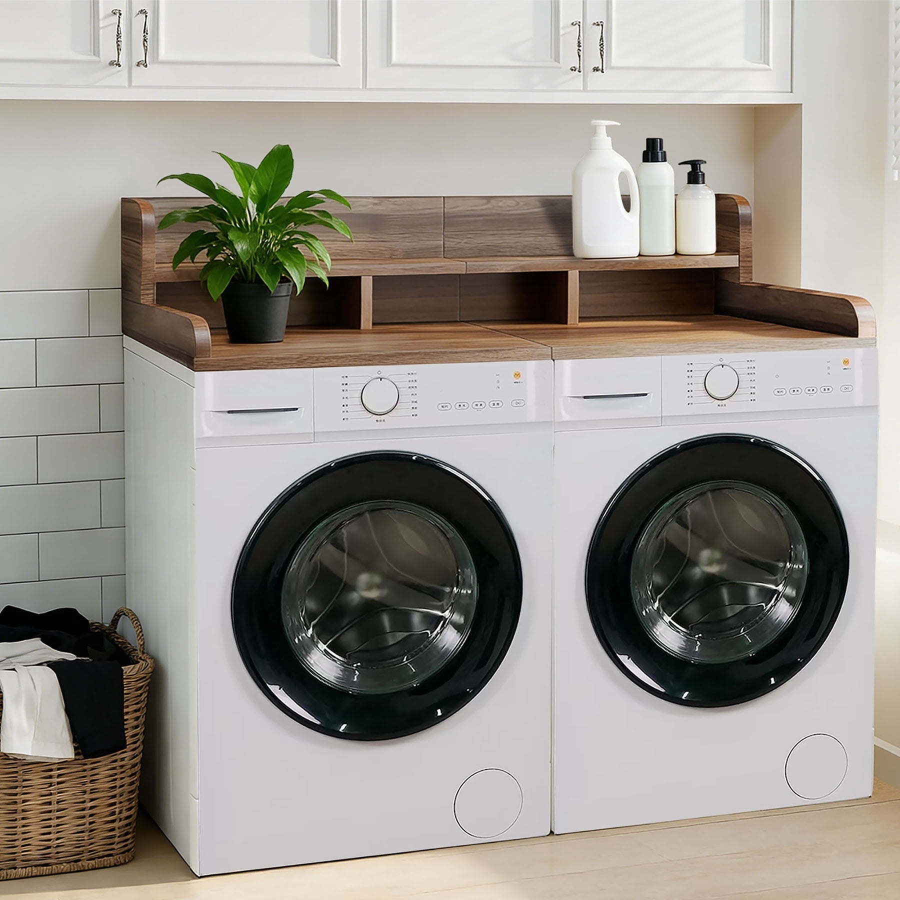S-HOME Washer Dryer Countertop with Non-slip Pads in Wood Design, 58" x 28" Laundry Organization Shelf Topper，Walnut