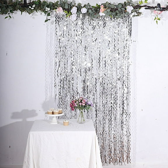 BalsaCircle Metallic Silver 3x6 feet Curly Foil Tassels Fringe Backdrop Curtains Party Events Decorations Supplies