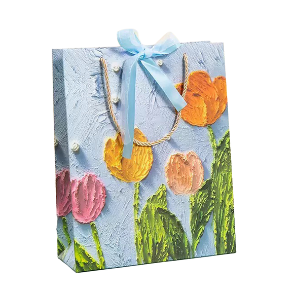 12.6" Floral Tulip Gift Bag Small with Handles for for Girls Women Birthday Baby Shower Wedding Mother's Day Valentine's Day Supplies