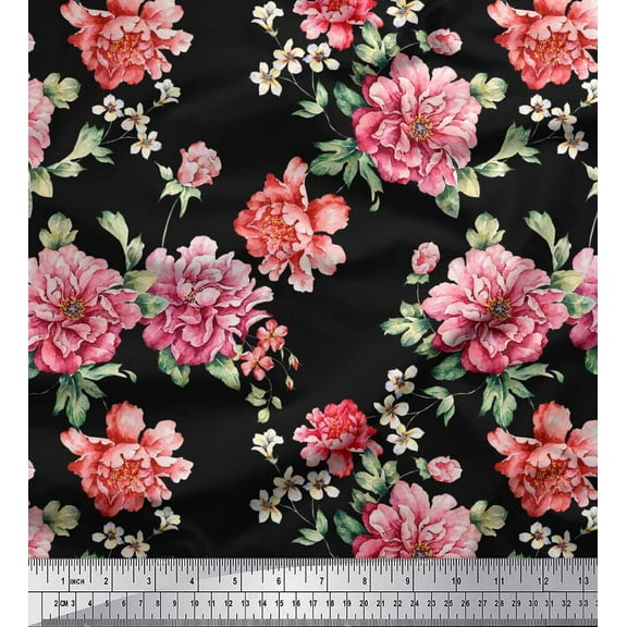 Soimoi Cotton Duck Fabric Leaves & Peony Floral Print Fabric by The Yard 42 Inch Wide