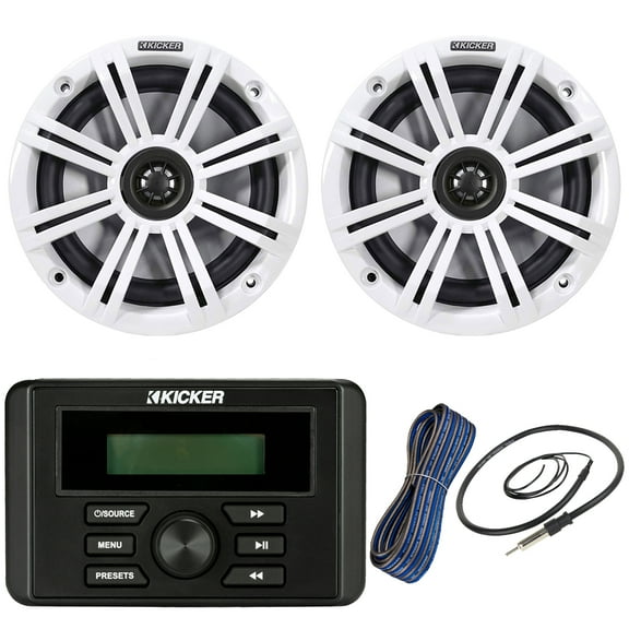 Kicker Weather-Resistant Marine Bluetooth USB RCA Stereo Receiver Bundle Combo with 1 Pair (QTY 2) 6.5" 2-Way 195W Max Coaxial Marine Speakers w/ White Grilles, 50-Ft 16-Gauge Speaker Wire, Antenna