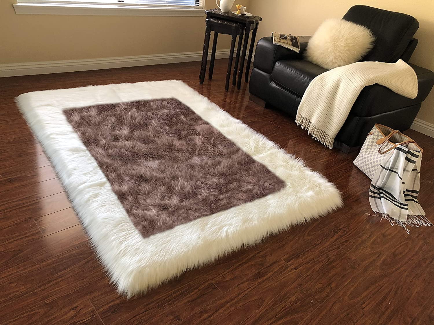 White Boarder Rug Lambzy Faux Sheepskin White Border Area Rug (8'x11', Camel) - Walmart.com