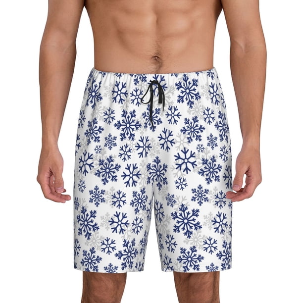 Balery Dark Blue Snowflakes Pantalones cortos de pijama de punto de algodón para hombre con cinturilla y bolsillos-Large