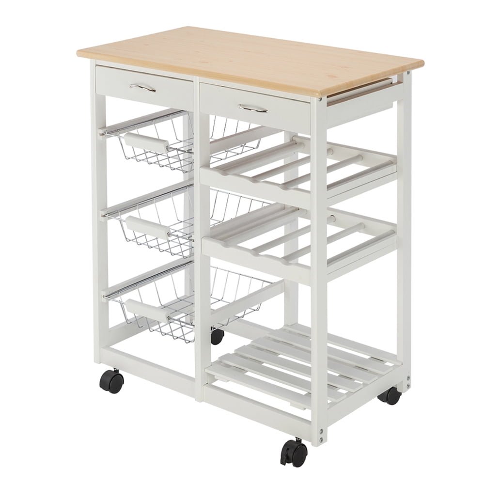 Kadyn Moveable Kitchen Cart, Kitchen Island Cart with Two Drawers & Two Wine Racks, Multifunctional Microwave Cart Bar Cart with hree Baskets, White Kadyn Moveable Kitchen Cart, Kitchen Island Cart with Two Drawers & Two Wine Racks, Multifunctional Microwave Cart Bar Cart with hree Baskets, White