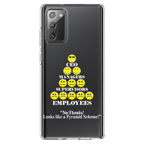 DistinctInk Clear Shockproof Hybrid Case for Samsung Galaxy Note 20 (6.7" Screen) - TPU Bumper Acrylic Back Tempered Glass Screen Protector - No Thanks Looks Like a Pyramid Scheme