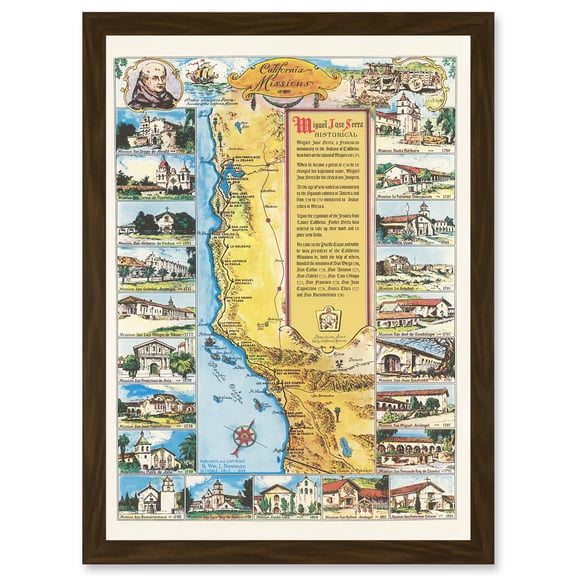 Pictorial Map Putnam 1949 California Missions History Artwork Framed Wall Art Print A4