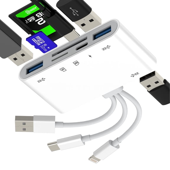 USB C Lightning USB HUB(6in3)for Apple OTG 3.0 Adapter SD TF Card Reader for iPhone 17 16 15 14 Pro Digital Camera Micro SD Memory Stick Photo Transfer Flash Drive Accessories for iPad Converter