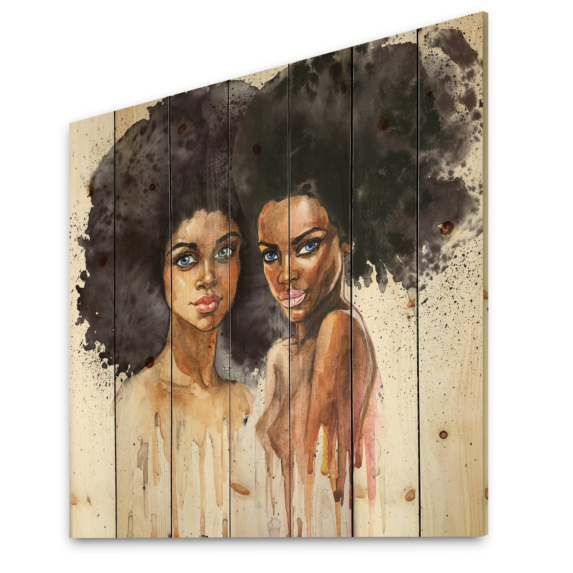 Designart 'Portrait of Two African American Women' Modern Print on Natural Pine Wood