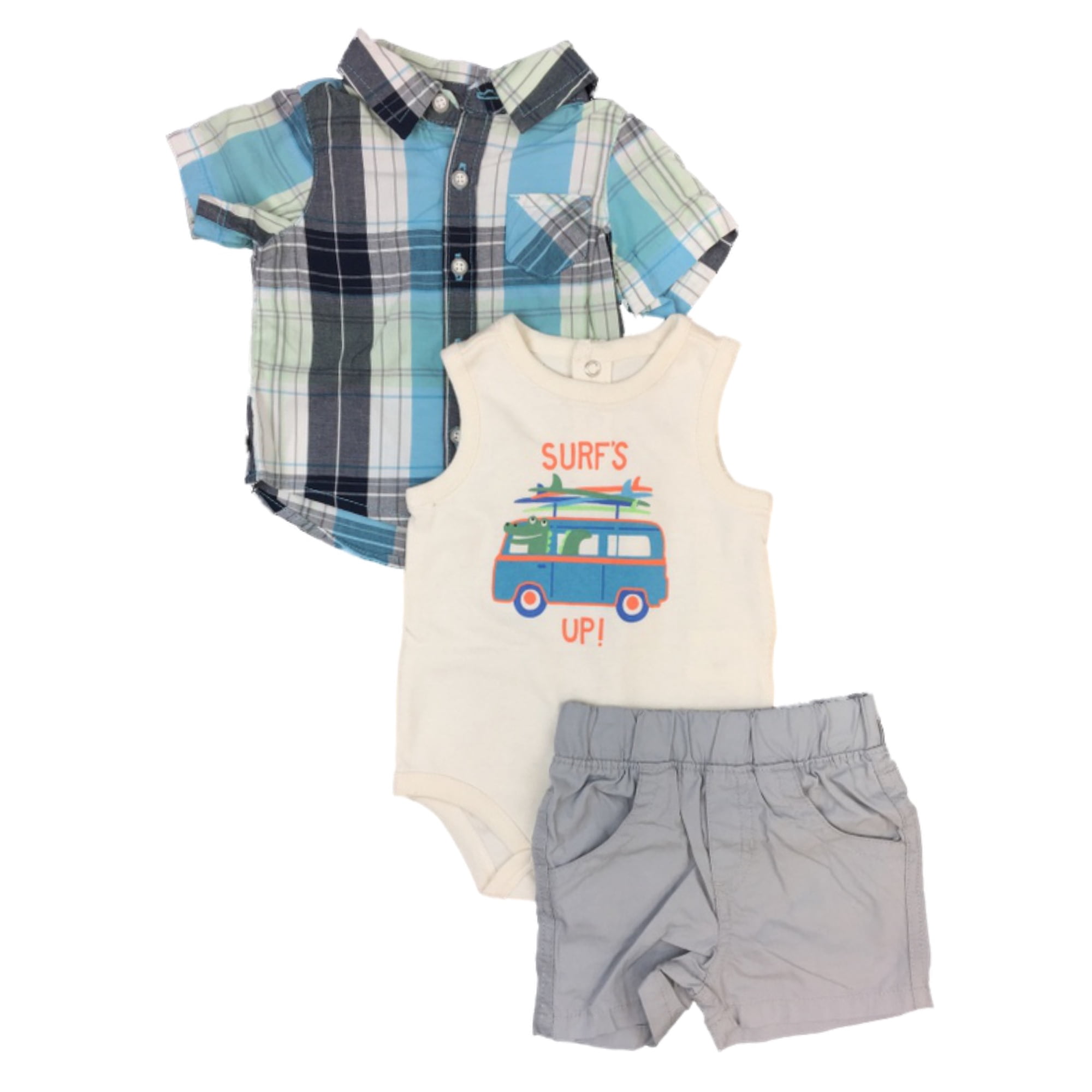 Infant Boys 3PC Baby Outfit Surfs Up Bodysuit Blue Plaid Shirt & Shorts 6-9m