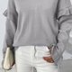 thumbnail image 4 of Suéter de mujer de manga larga con cuello en V y ribete de volantes Jersey casual Top de punto para clima frío Gris M, 4 of 6