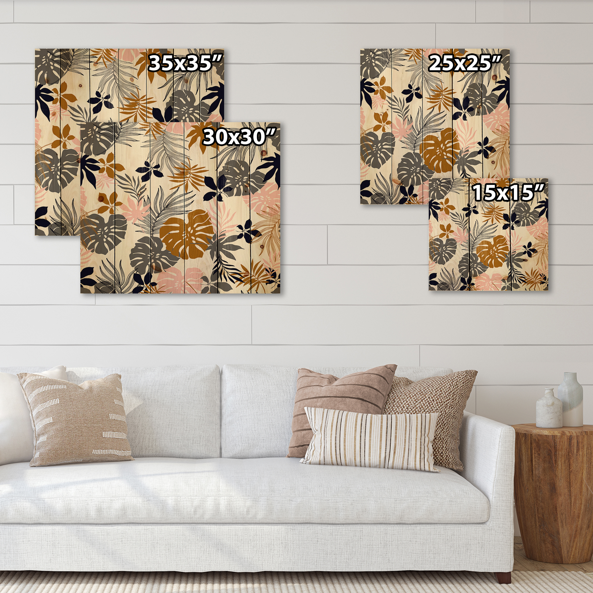 Designart 'Tropical Naturepalm Monstera Leaves In Silhouette On White' Traditional Print on Natural Pine Wood