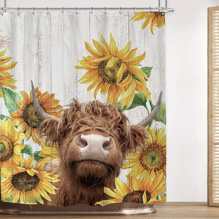 4PCS Funny Highland Cow Shower on sale Curtain Sunflower Set