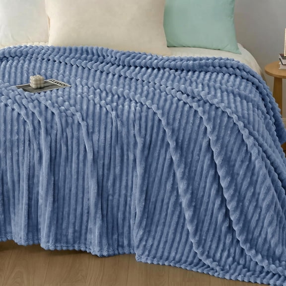 ROSEKIND Striped Blanket, Premium Faux Fur Touch Ribbed Throw for Sofa & Bed, Cozy Gift for Adults & Friends, 280GM, 80x90in, Blue