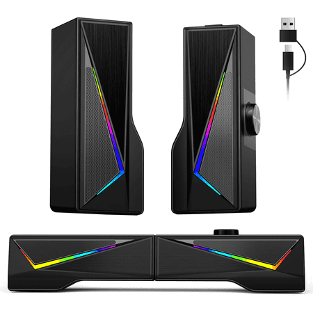 AYEDLOE Computer Speakers with 2.0 Channel Stereo, Gaming Speakers with 6 Colorful LED Modes, USB C/USB Speakers for PC, Desktop, Laptop, Cellphone, Monitor, Black, New