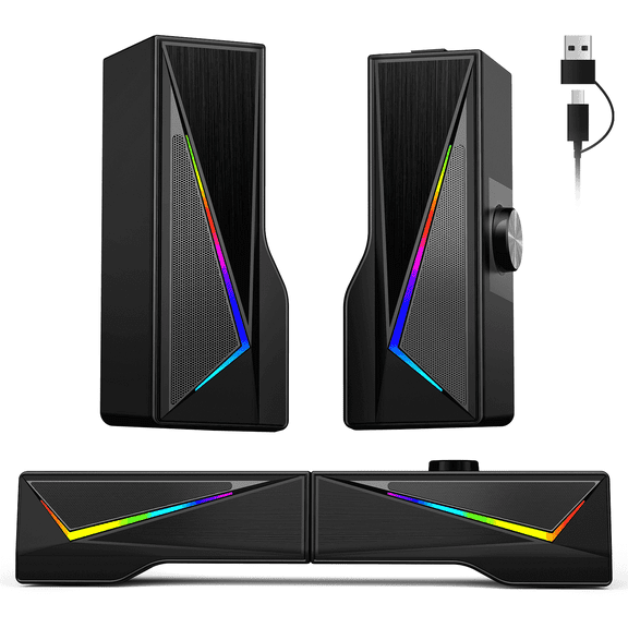 AYEDLOE Computer Speakers with 2.0 Channel Stereo, Gaming Speakers with 6 Colorful LED Modes, USB C/USB Speakers for PC, Desktop, Laptop, Cellphone, Monitor, Black, New