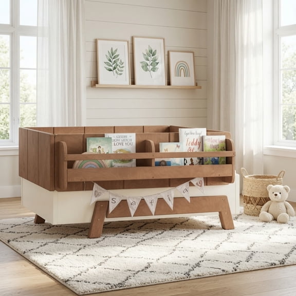 Twin Size Floor Bed with Full-length Guardrails and Bookshelves, Solid Wood Montessori Bed Slats, Low-profile and Childlike Building Block Design, Beige & Natural