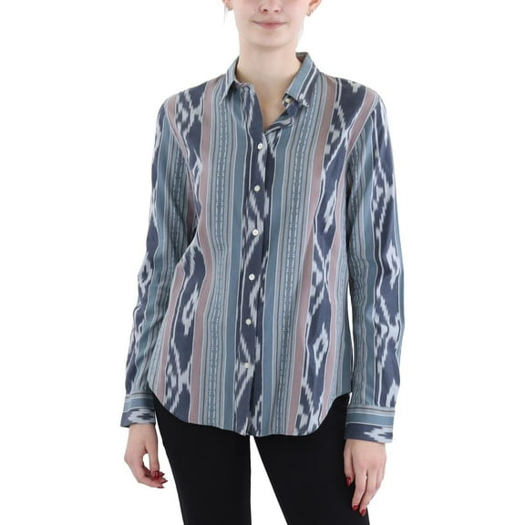 Lauren Ralph Lauren Womens Striped Cotton Button-Down Top Blue S