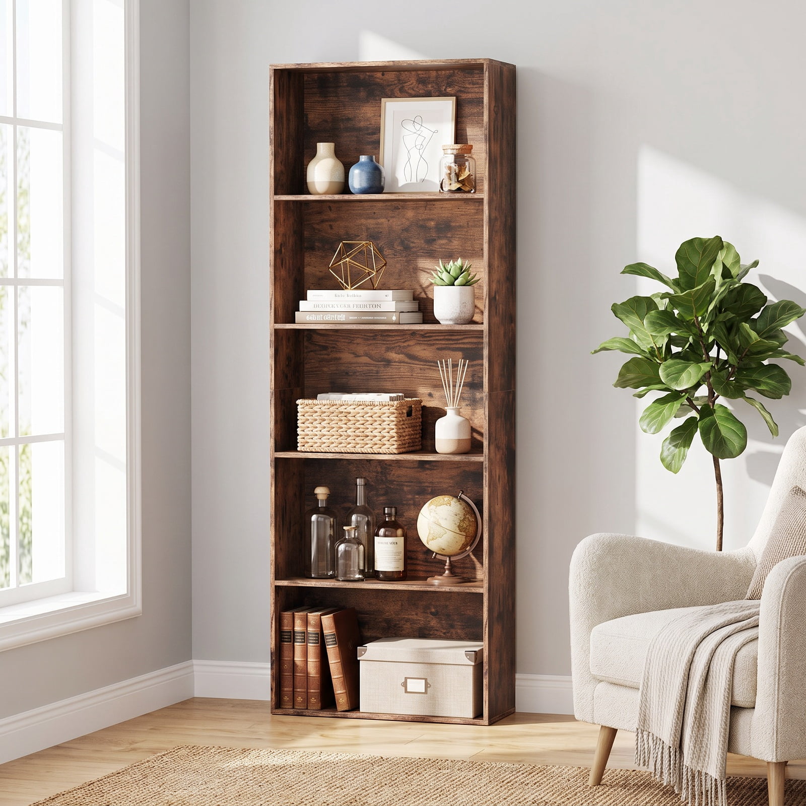 Furnibear 5-Tier Bookshelf Open Bookcase Freestanding Display Shelf Storage Organizer for Living Room Home Office Bedroom Display, Rustic Brown
