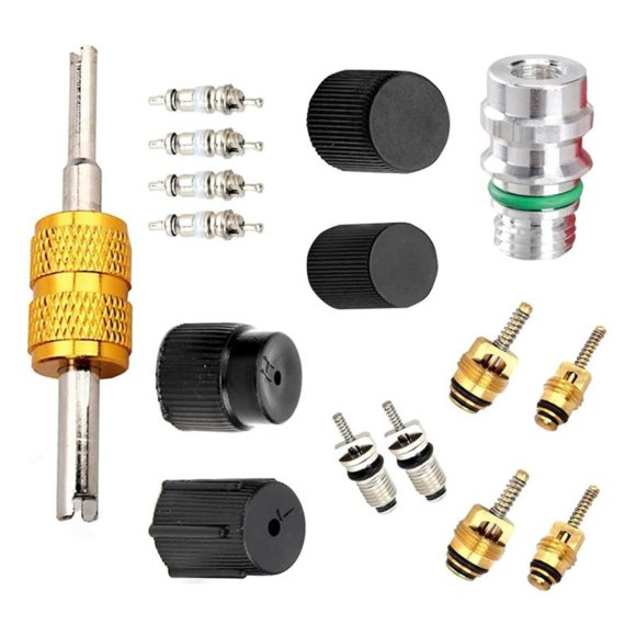 Kit de Núcleo de Válvula y Tapa de Sellado R134a de 16PCS, Herramienta de Mantenimiento de Puerto de Servicio de A/C Universal para Coches, Camiones y SUV