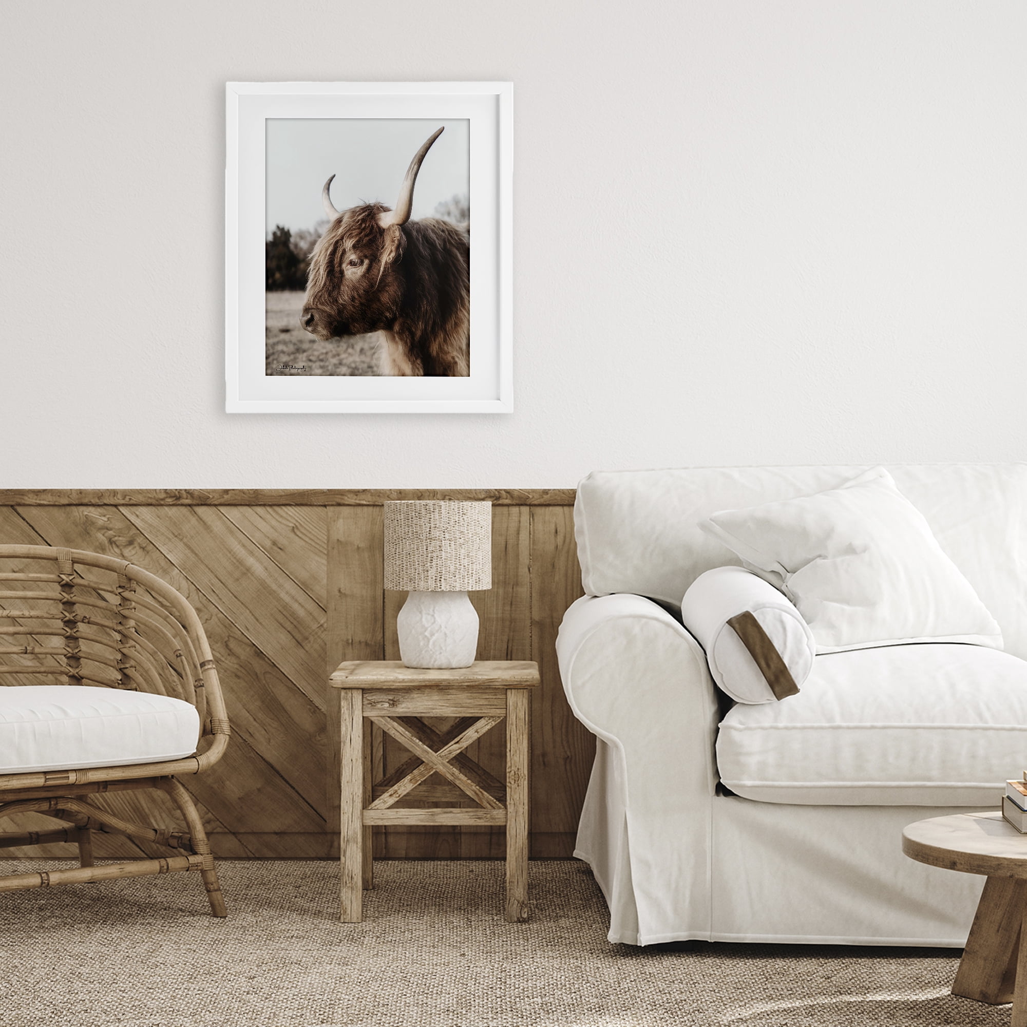 Stupell Industries Horned Cattle Peering White Framed Print Under Glass, design by Dakota Diener