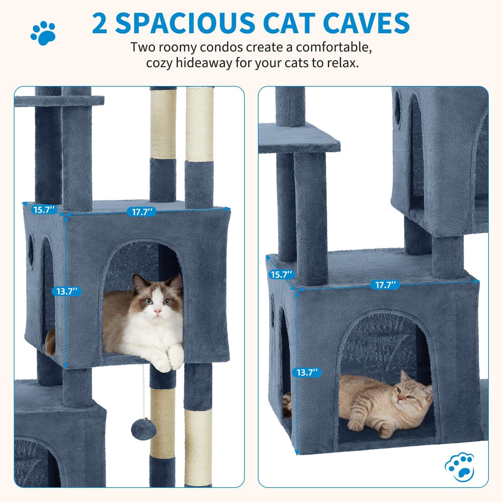 61 Inch Cat Tree for Large Cats, Heavy-Duty Cat Tower with Extra Large Perch & 2 Condos, Multi-Level Cat Furniture for Maine Coon & Adult Cats, Sisal Scratching Posts with Toys (Light Blue)